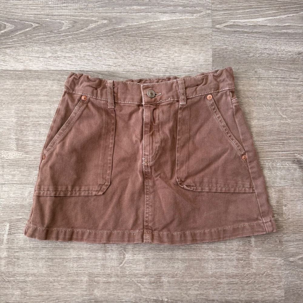 Zara Kids Girls Brown Denim Mini Skirt Size 11-12 Fall Earth Tone Patch Pockets